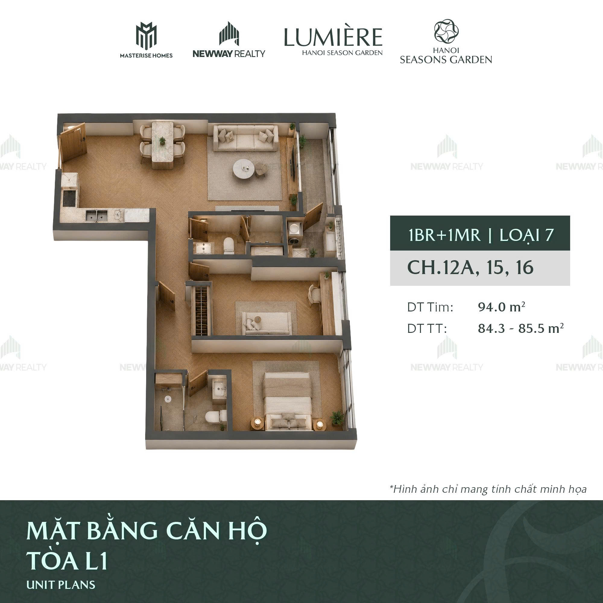 Thiết kế 3D căn hộ 2 phòng ngủ Masterise Homes Cao Xà Lá