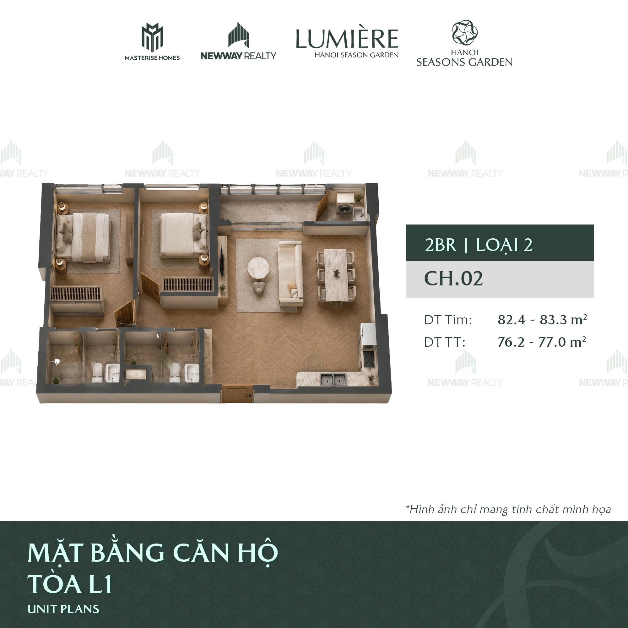 Thiết kế 3D căn hộ 2 phòng ngủ Masterise Homes Cao Xà Lá