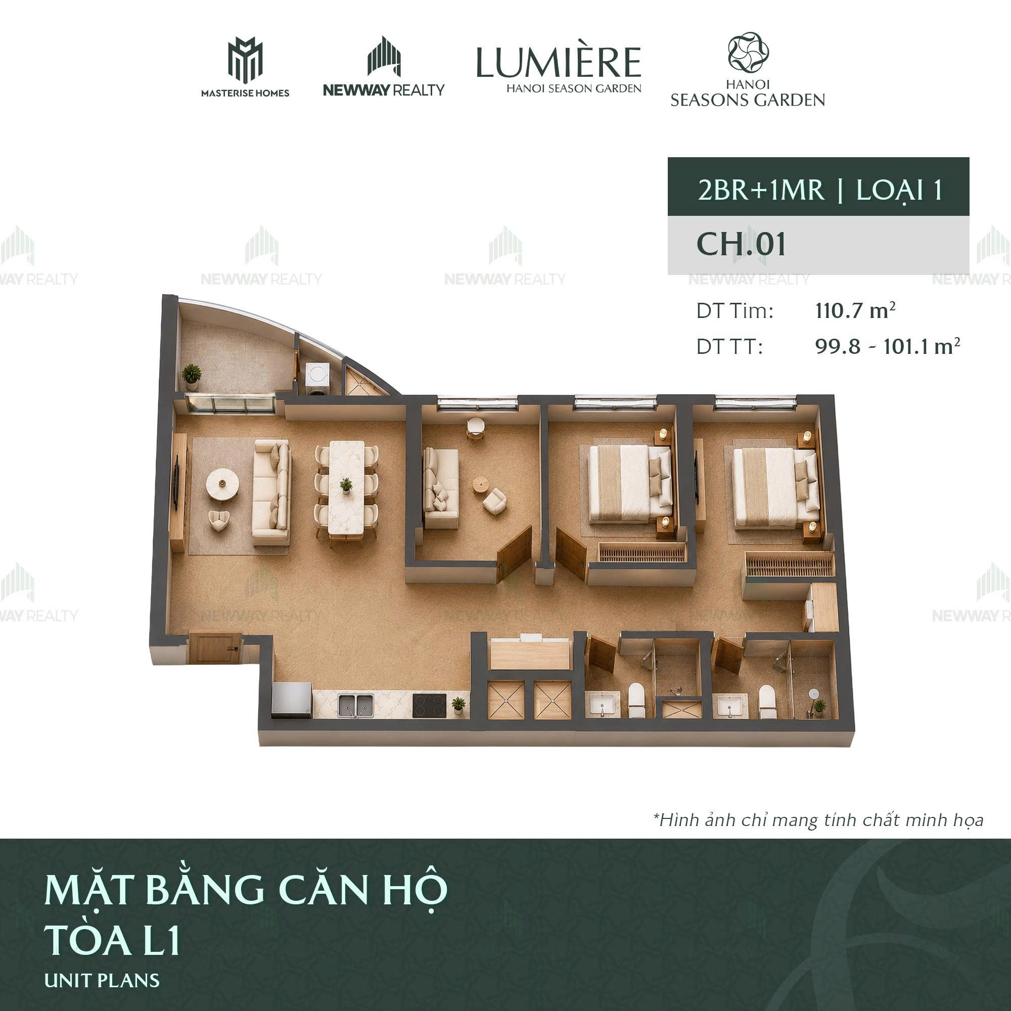Thiết kế 3D căn hộ 3 phòng ngủ Masterise Homes Cao Xà Lá
