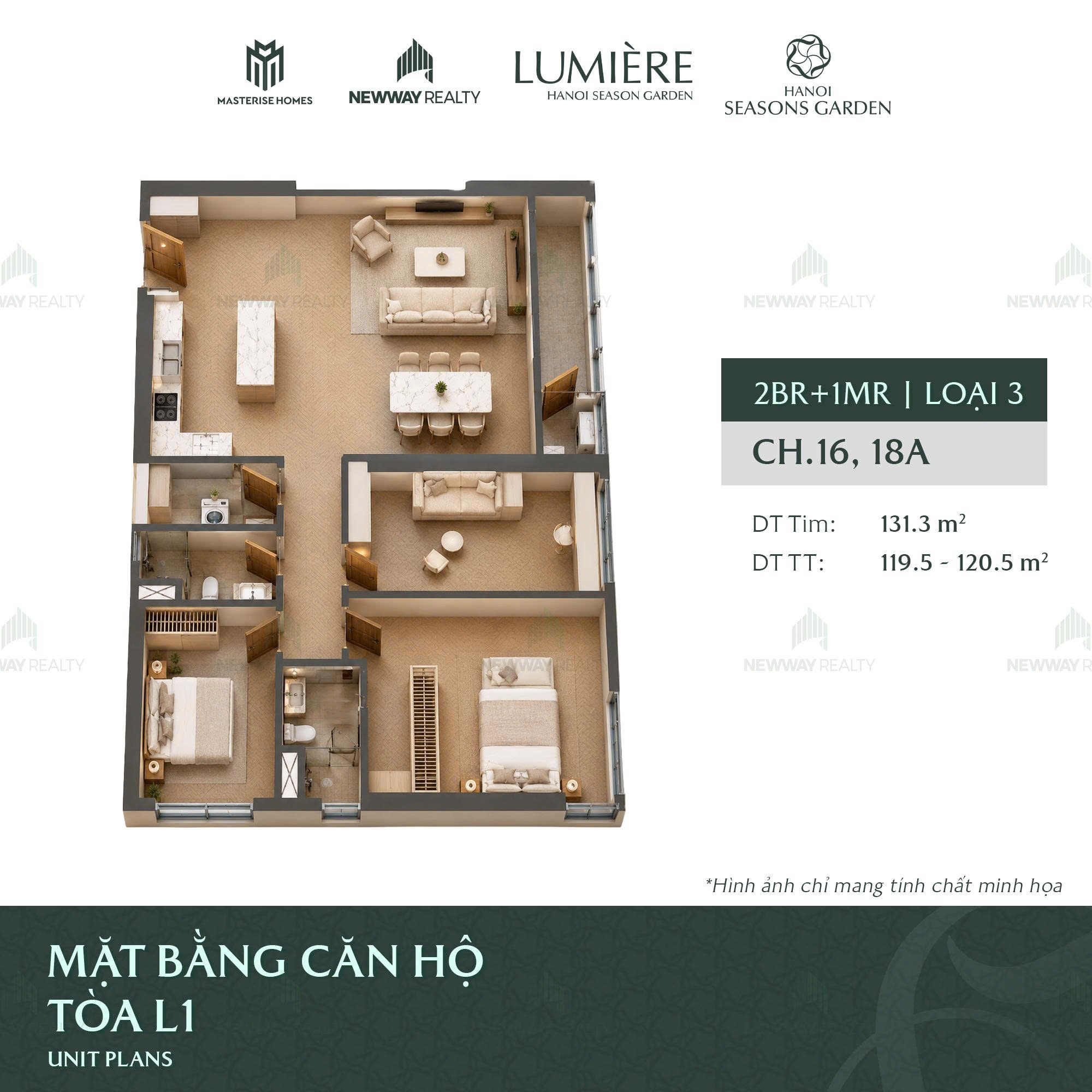 Thiết kế 3D căn hộ 3 phòng ngủ Masterise Homes Cao Xà Lá