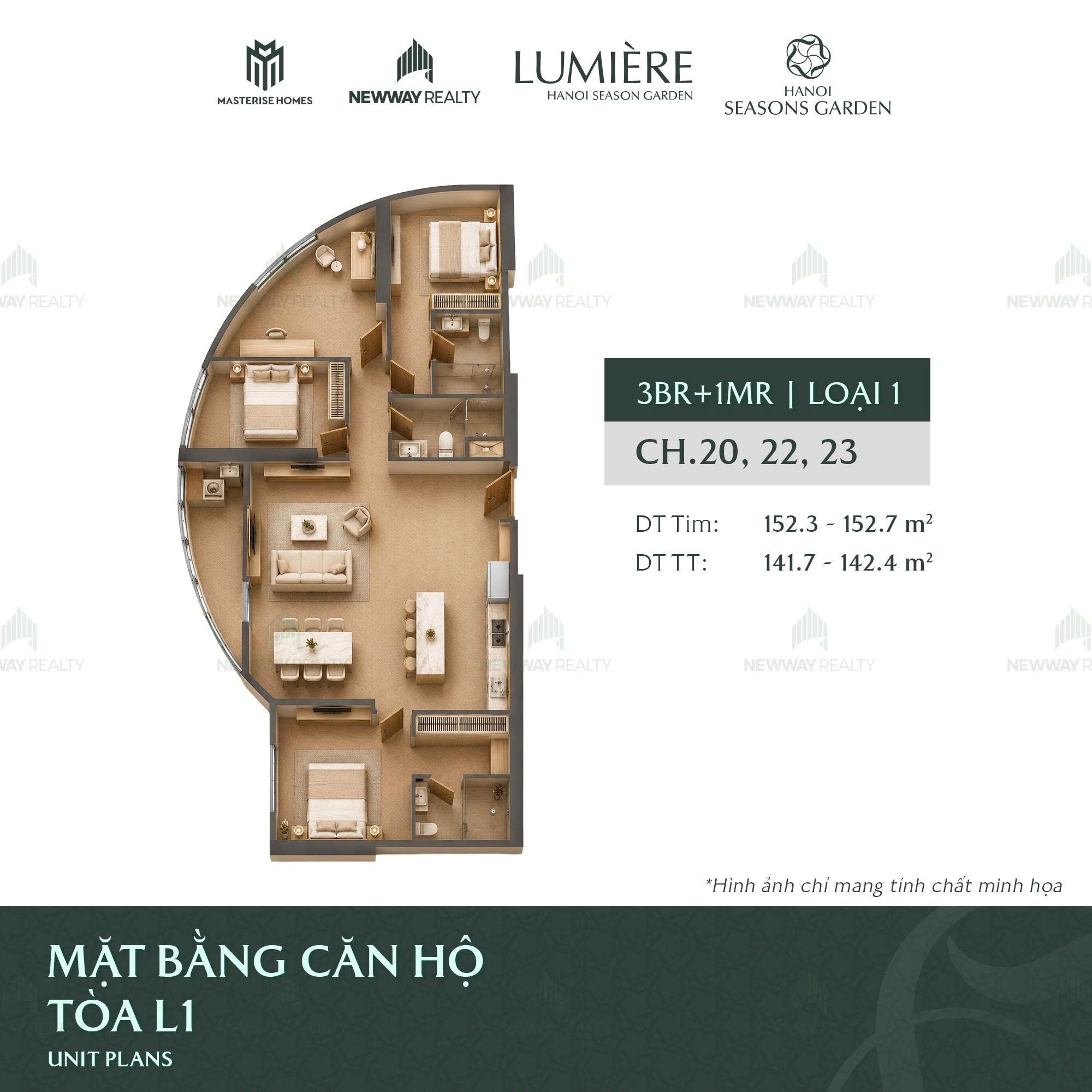 Thiết kế 3D căn hộ 4 phòng ngủ Masterise Homes Cao Xà Lá