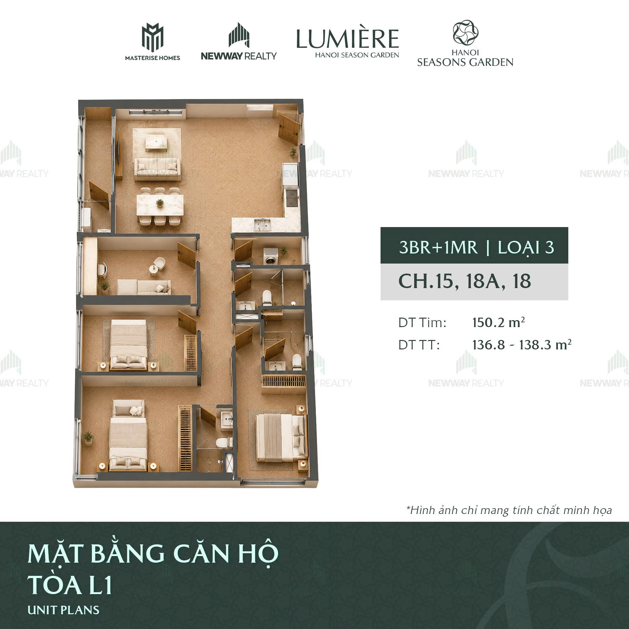 Thiết kế 3D căn hộ 4 phòng ngủ Masterise Homes Cao Xà Lá