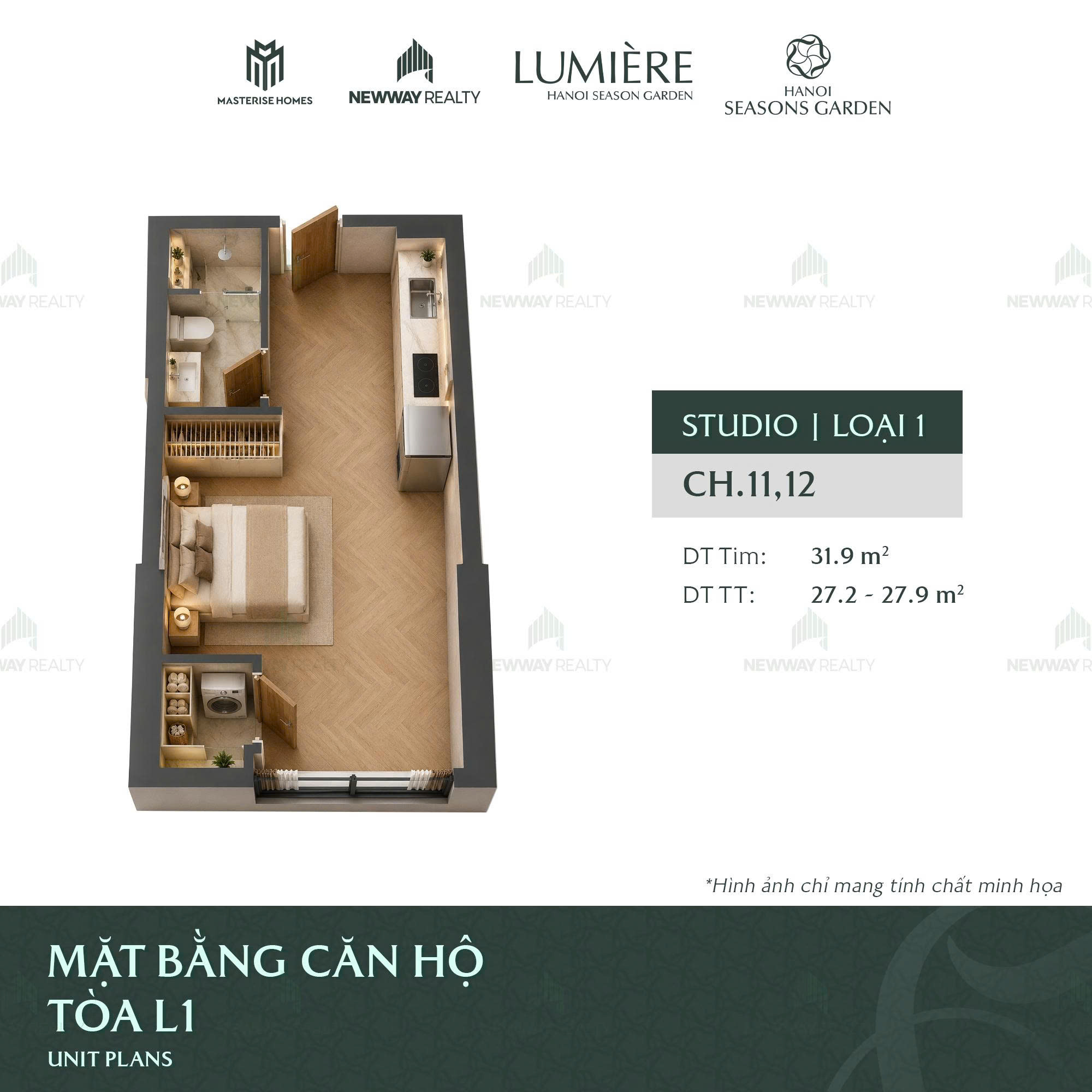 Thiết kế 3D căn hộ studio Masterise Homes Cao Xà Lá